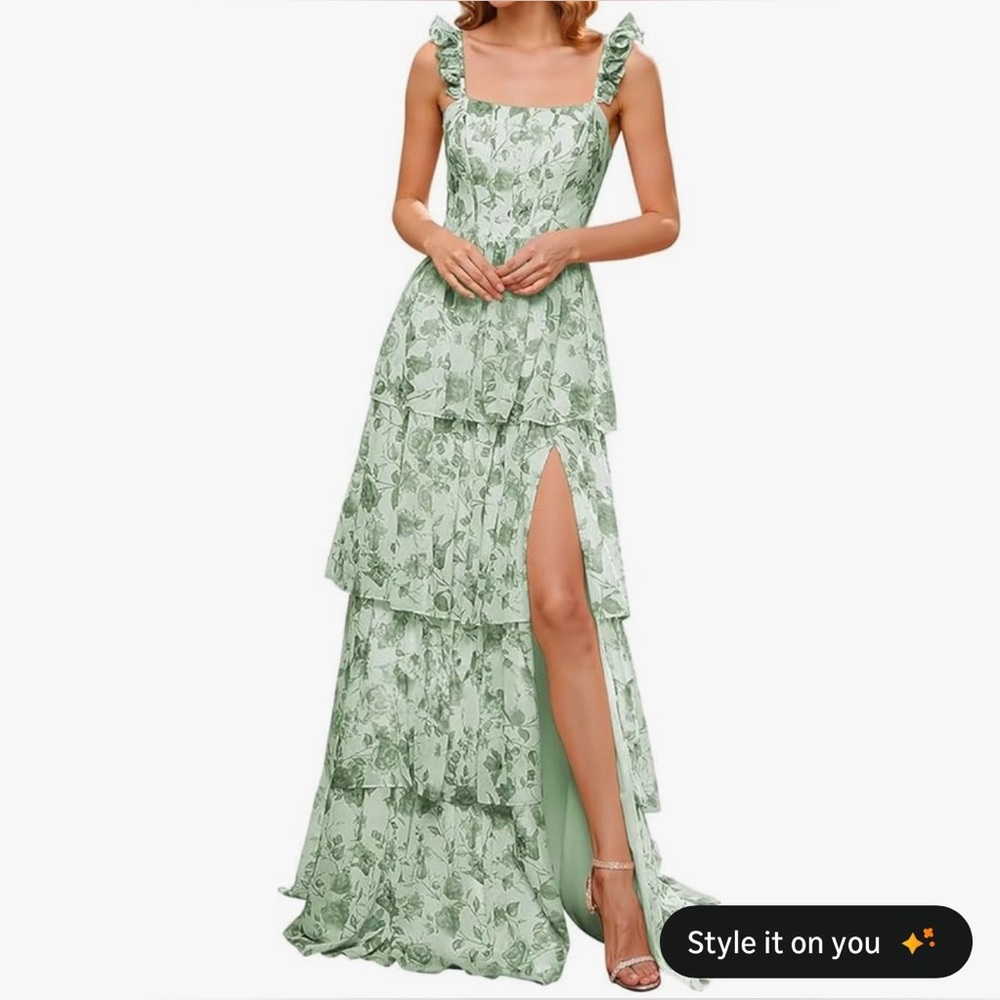 Floral Green Tiered Maxi Dress size 12 (fits more like at 10)